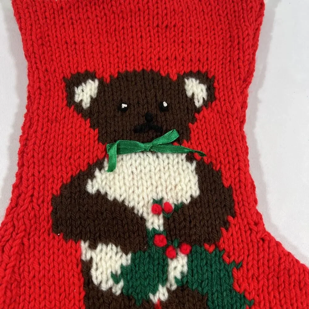 Vintage Lot of 4 Handmade Knit Christmas Stockings Santa Bear Snowman Shepherd
